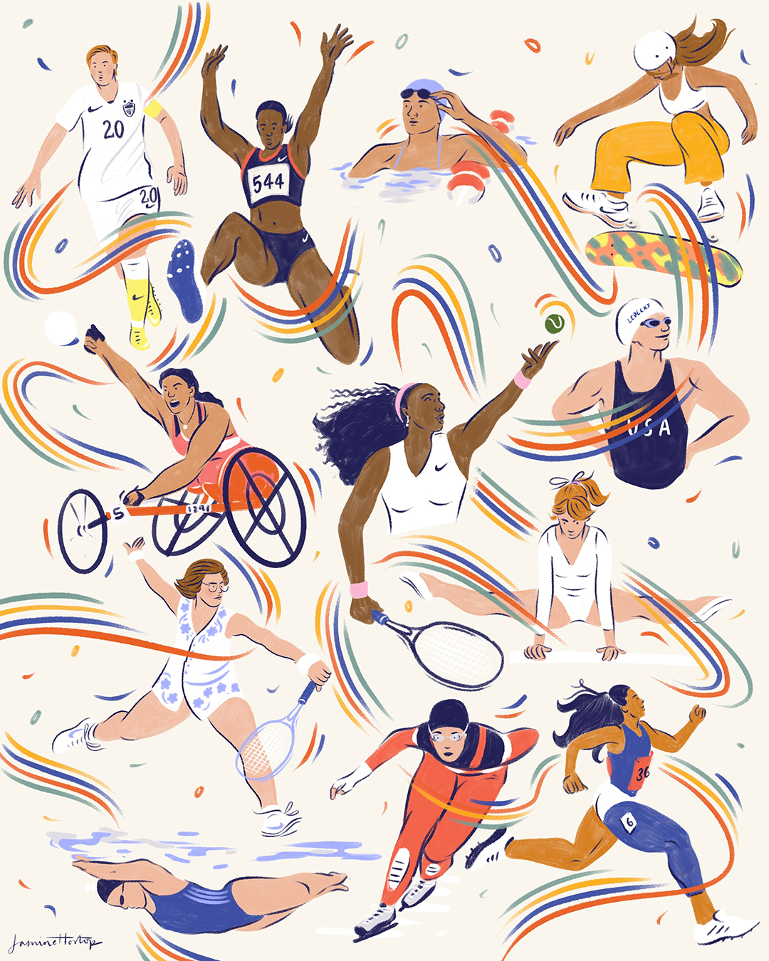 an illustration of women Olympian athletes with decorative waves of colors highlighting them 