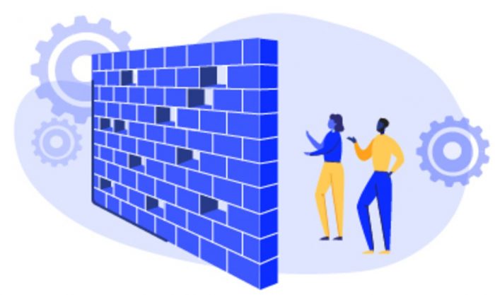 illustration of two people standing behind a brick wall with a few holes in it