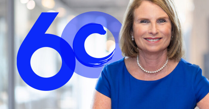 blue number 60 and Catalyst logo with photo of Lorraine Hariton