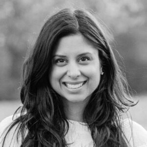 Black and white photo of Nina Vaswani.