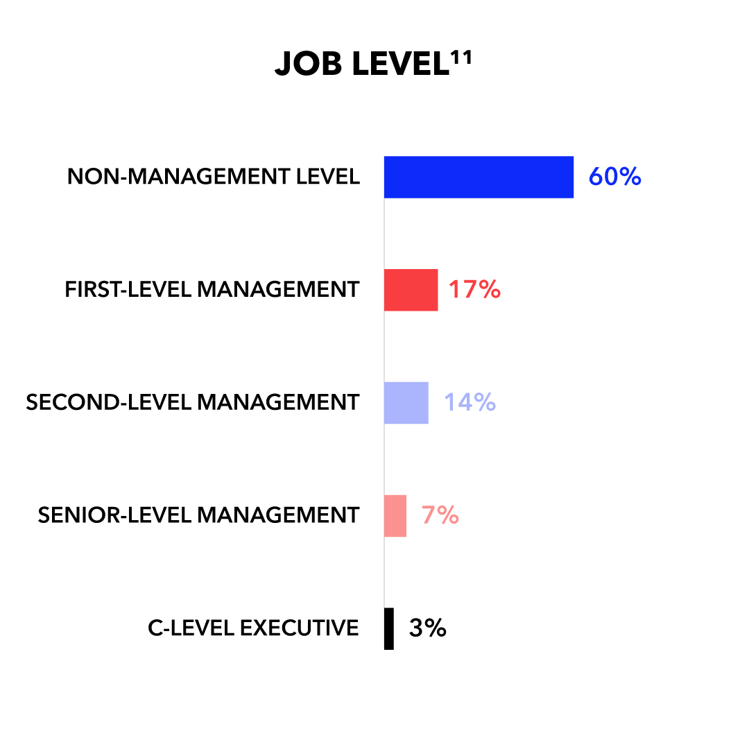 Job Level: Non-Management 60%; First-Level Management 17%; Second-Level Management 14%; Senior-Level Management 7%; C-Level Executive 3%