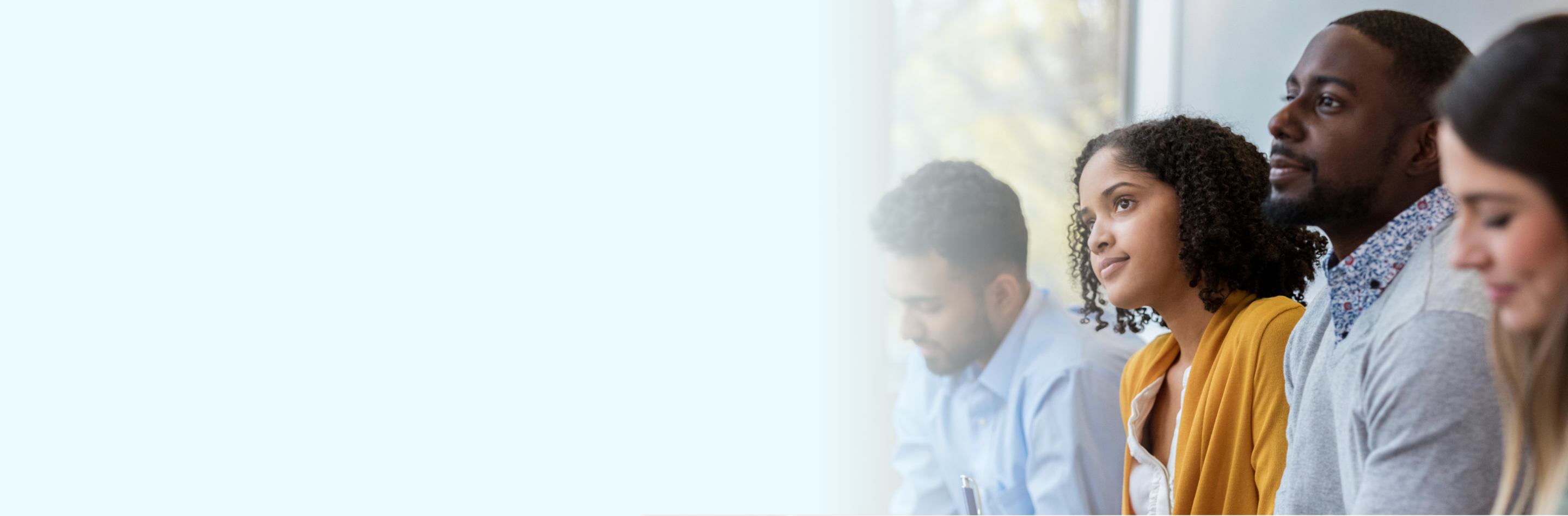 Group of business people concentrate during training class with gradient
