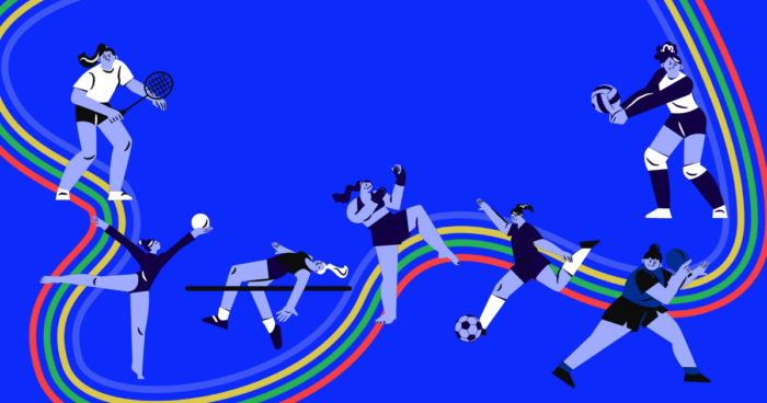a blue image showing illustrations of various women athletes with a wave of multicolored lines going through and around them